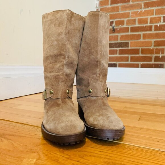 Ralph Lauren Motorcycle Boots Mid Calf Tan Suede Pull On Lug Soles - Picture 4 of 16